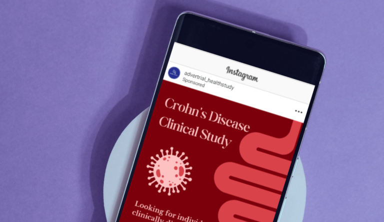Red Facebook ad mockup for Crohn's Disease clinical study